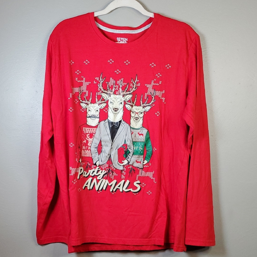 Mens Red Seven Oaks Party Animals Graphic Long Sleeve Shirt. XL